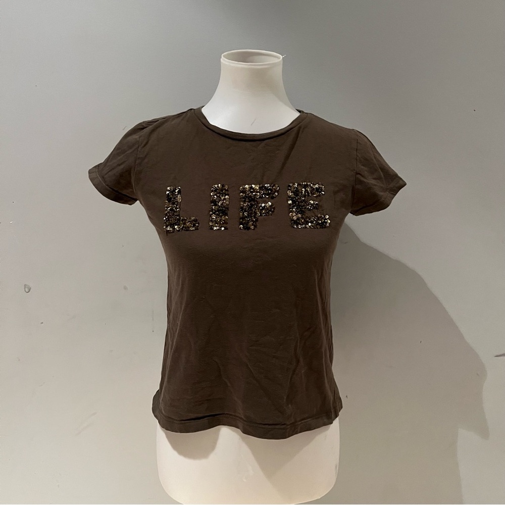 Carmen Marc Valvo Army Green Embellished Fitted Tee